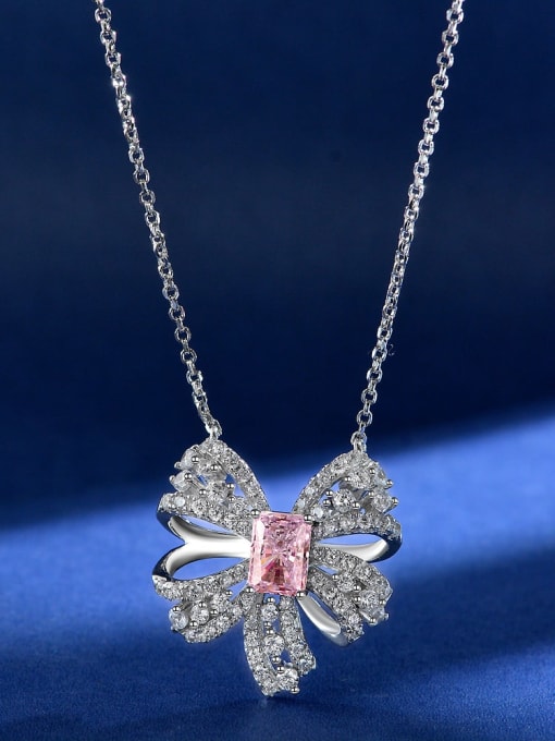 Pink [P 0645] 925 Sterling Silver High Carbon Diamond Butterfly Luxury Necklace